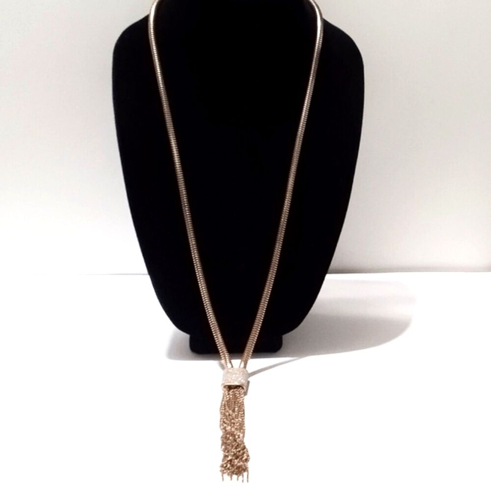 Gold Tone Snake Chain Glittered Tassel Statement Necklace